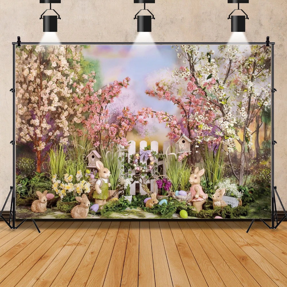 Mùa Xuân Lễ Phục Sinh Phông Nền Chụp Ảnh Tai Thỏ Trứng Vườn Hoa Bé Chân Dung Chụp Ảnh Trang Trí Tiệc Ảnh Nền