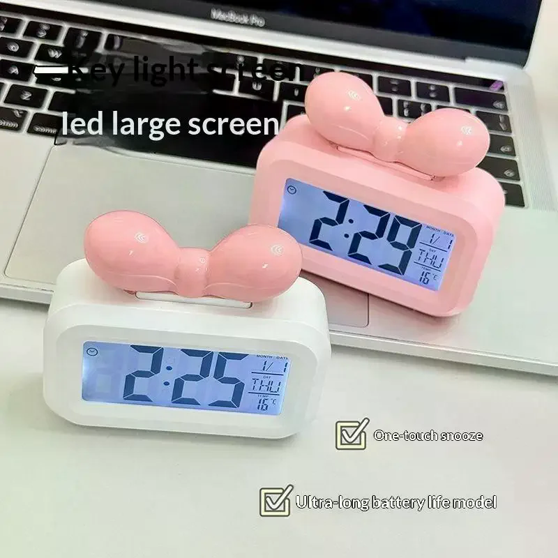 LED Digital Clock Bowknot Temperature Detection Alarm Clock Cute Gift With Night Light Mini Desktop