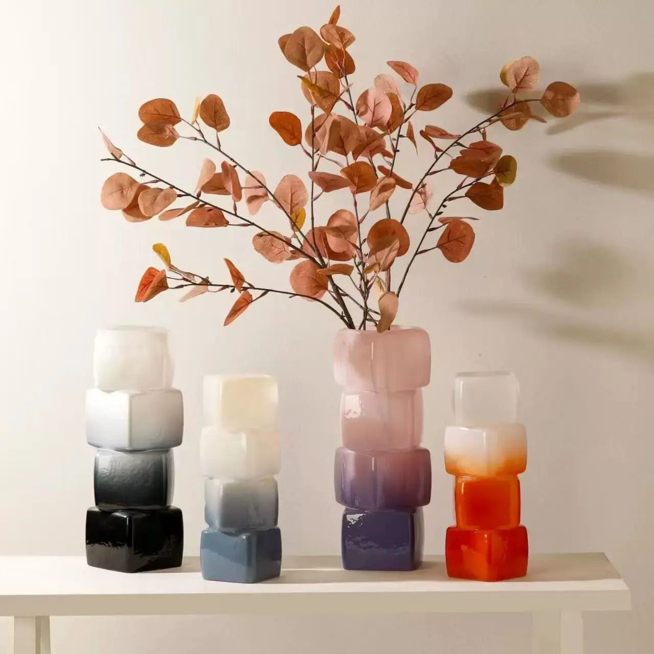 

Mid-Century Glass Square Vase - Pink Dopamine Mood-Stabilizing Hydroponic Florist Vessel, Niche Designer Accent