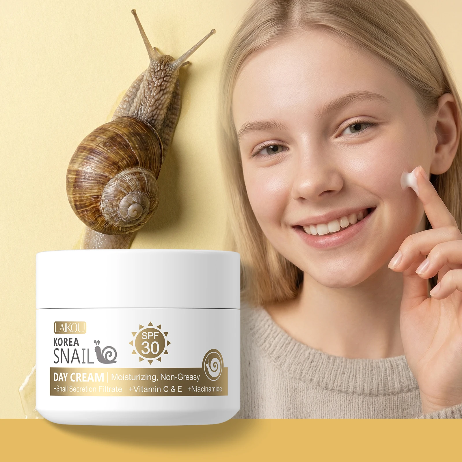 LAIKOU Korea Snail Day Cream 30g SPF30 Moisturizing Non-greasy Gentle Makeup-Ready Texture Daily Face Care
