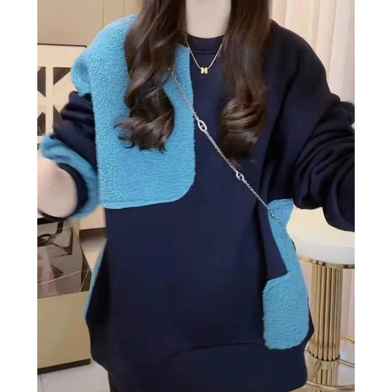 New Winter Fashion Trend Round Neck Panel Contrast Color Plush Thickened Loose Versatile Reduced Age Women\'s Long Sleeve Sweater