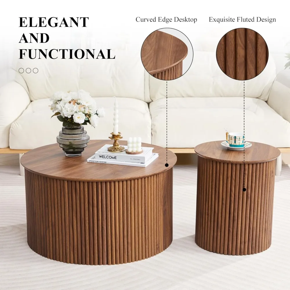 

Fluted Round Nesting Coffee Table Set of 2, Mid Century Modern Wood Coffee Table and End Table Set, Minimalist, Customized