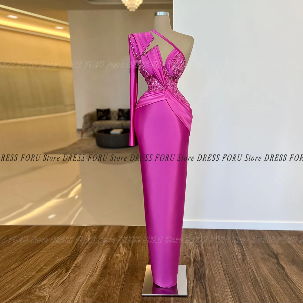 Novel Fuchsia Sheath One Shoulder Evening Party Dress For Woman Celebrity Floor Length Custom Size Prom Gown Bead Satin Vestido