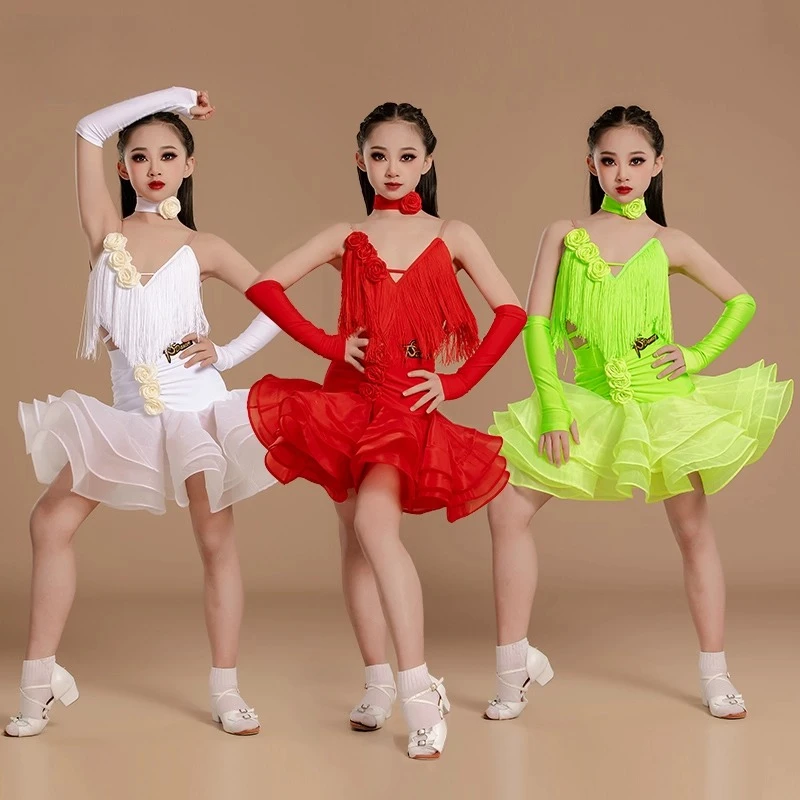 Zestaw kostiumów do ćwiczeń dla dzieci, wysokiej jakości, do występów, strój treningowy do tańca latynoamerykańskiego dla dziewcząt.