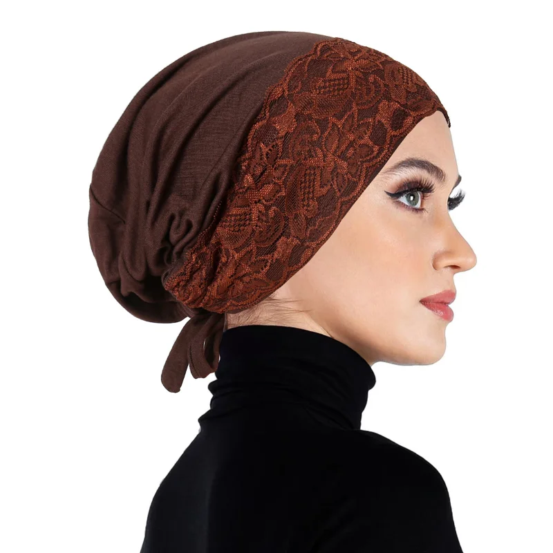 KepaHoo New Soft Elastic Strap Muslim Turban Hat Lace Inner Hijab Caps Islamic Underscarf Bonnet Female Headwrap Turbante Mujer