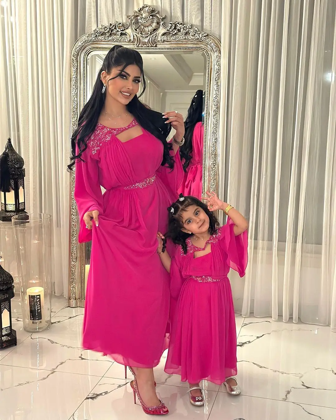 

Beads Chiffon Formal Prom Dresses A-Line Long Flare Sleeves Ruched Ankle-length Parent-child Saudi Arabia Evening Dresses