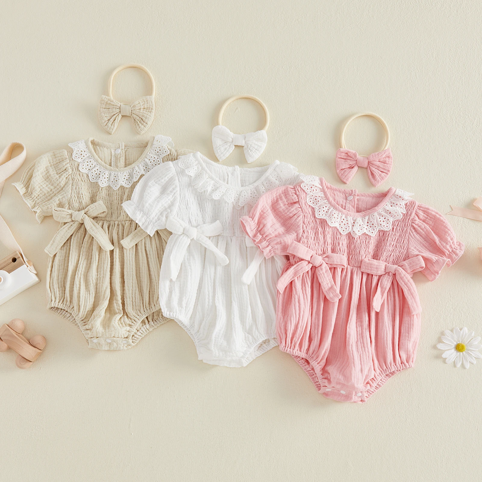 Baby Girl 2 Piece Outfit Lace Trim Short Sleeve Smocked Bubble Romper and Bow Headband Cute Summer Clothes