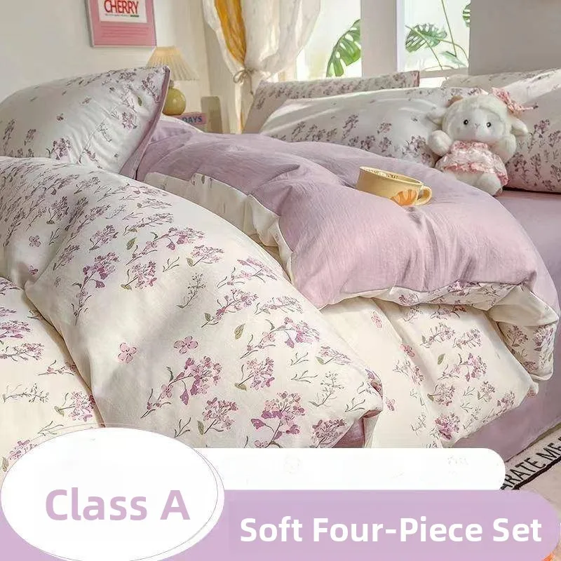 

Ultra-Soft Washed Cotton Student Bedding Set Three-Piece Double Layer Ruffled Linen Dormitory Double Bed Cover Sheet Set