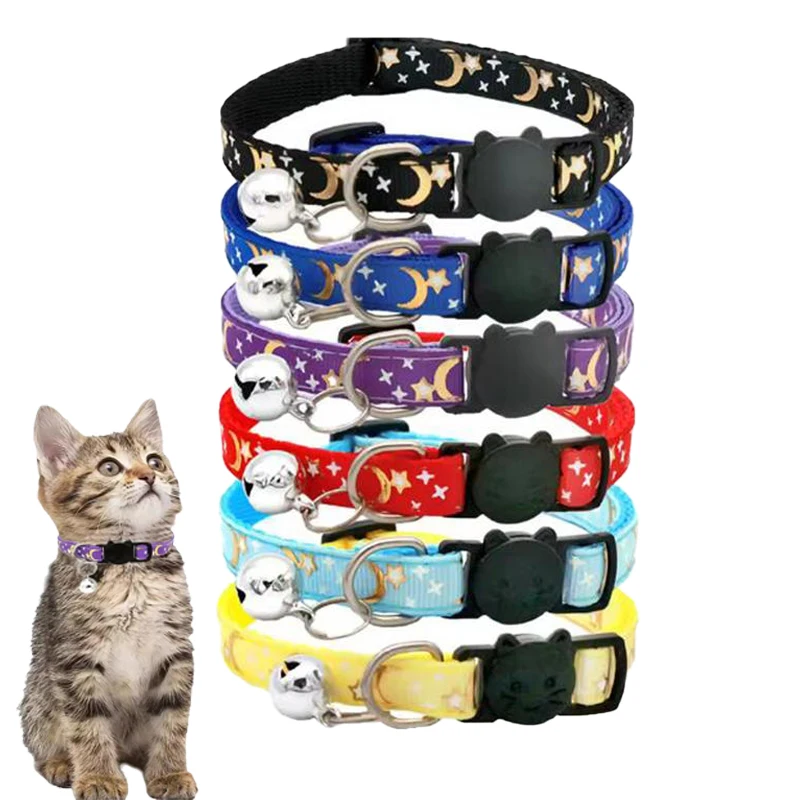 Collar personalizado de estrella y Luna de liberación rápida para gato y gatito, collares para cachorros y perros, conjunto de etiquetas grabadas con campana para perros pequeños y gatos