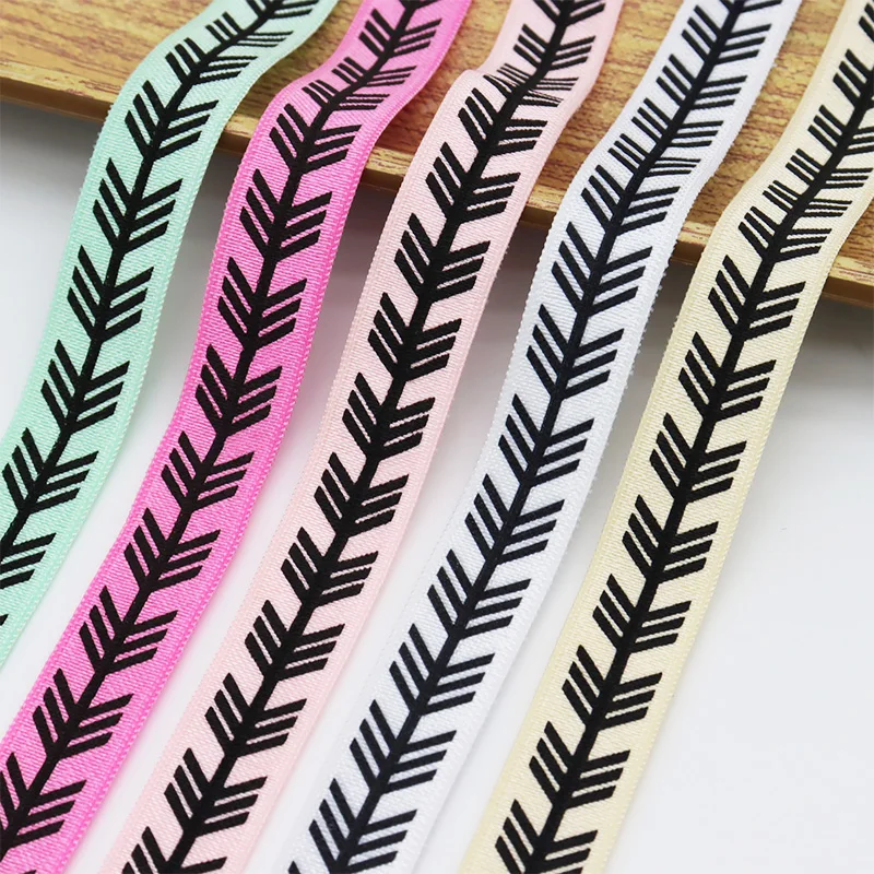 

5/8" 15mm Black Feather Printed FOE Band Fold Over Elastic Ribbon For DIY Sewing Accessories Handmade Hair Ties Party Decoration