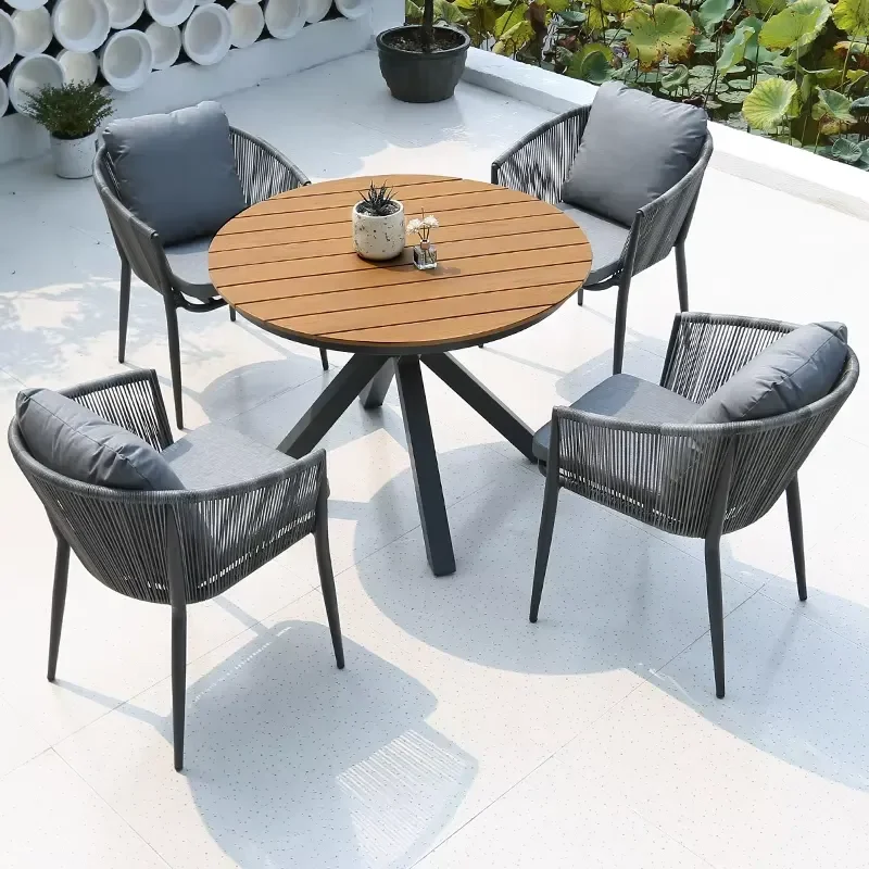 Nordic Teak Aluminum Outdoor Coffee Table Set Waterproof Durable Terrace Side Tables for 4 Person Patio Furniture