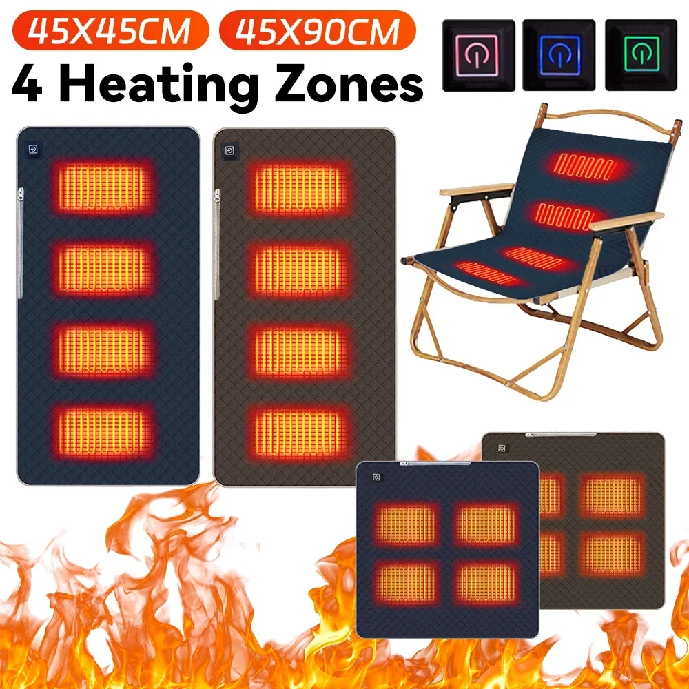 4 Areas Heated Mat Outdoor Travel USB Electric Heated Blanket 3 Adjustable Temperature Camping Chair Heater Warmer Cushion