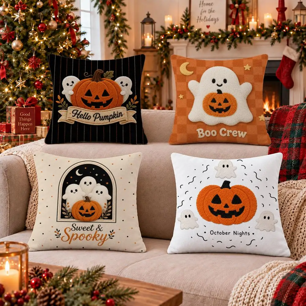 Halloween Pumpkin Ghost Cushion Cover Cushion Cover Soft Plush Cushion Covers Fluffy Throw Pillow Cases for Sofa Bedroom