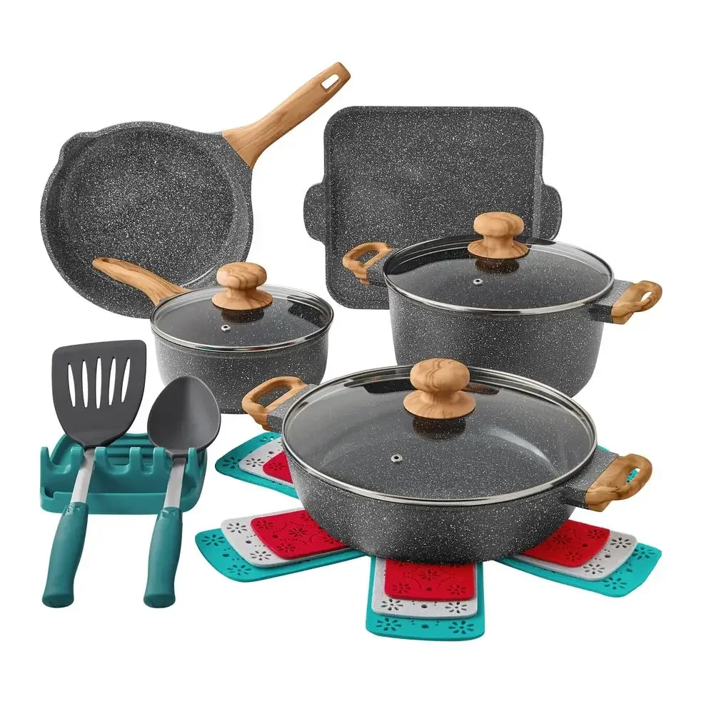 Pioneer Woman Prairie Signature 14-Piece Aluminum Cookware Set with Utensil Rest Charcoal Speckle Vintage-Inspired Speckled