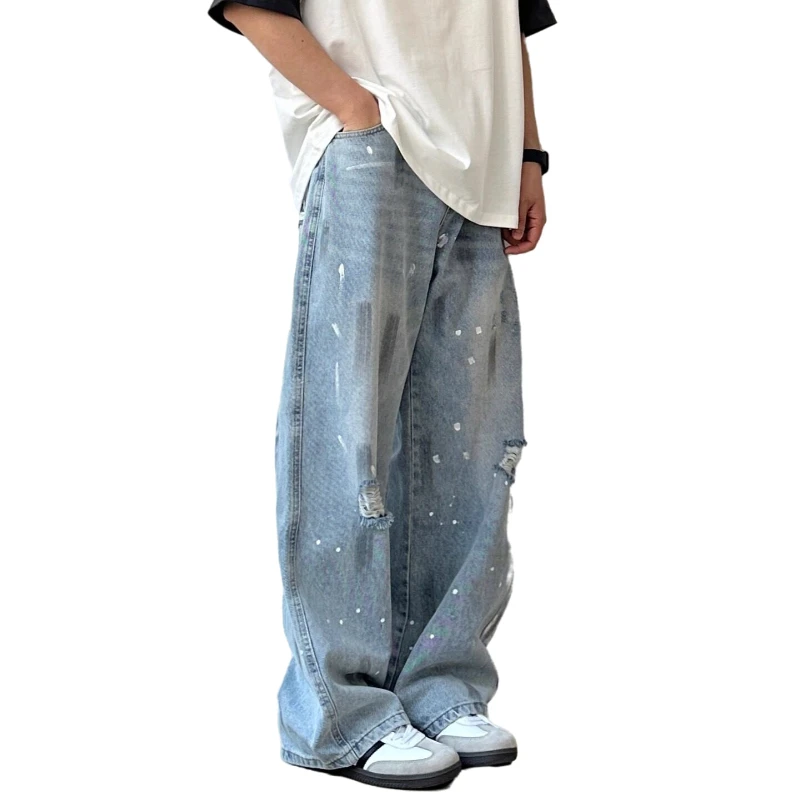 

Мужские модные джинсы из дышащей хлопковой смеси, свободного кроя, с эффектом потертости, повседневные, универсальные, удобные, для комфортного образа жизни