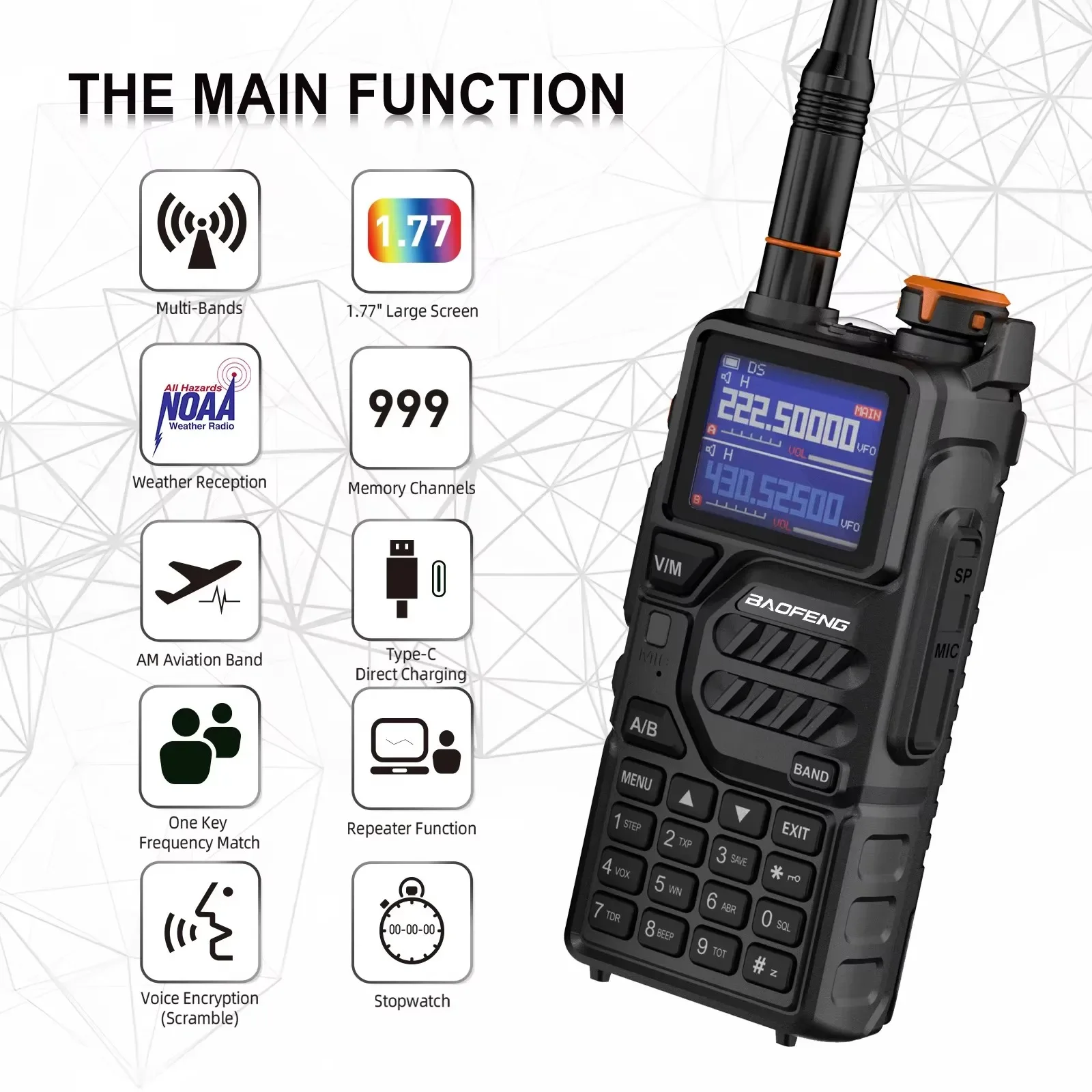 Mini K5 Plus Handheld multi-band 10-watt 999-channel 2500mAh 1.77-inch color screen walkie-talkie, suitable Support Type-C Charg