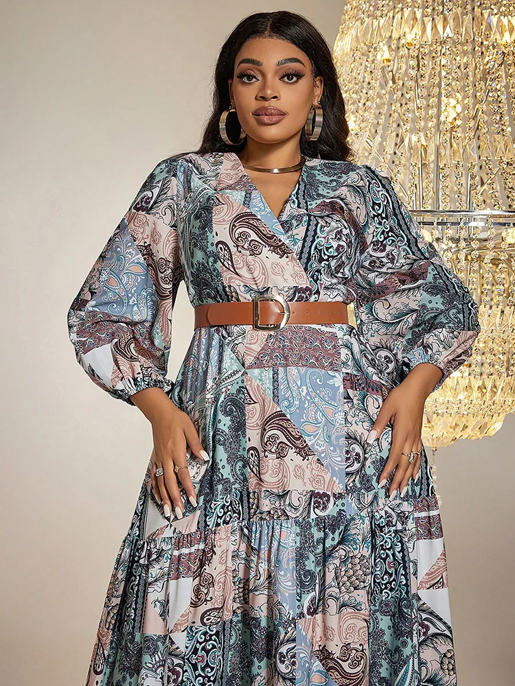 TOLEEN- Plus Size Patchwork Print Jurk voor Vrouwen, Lantaarn Mouw, Ruffle Hem, Boheemse mode, Elegante lange jurken met riem