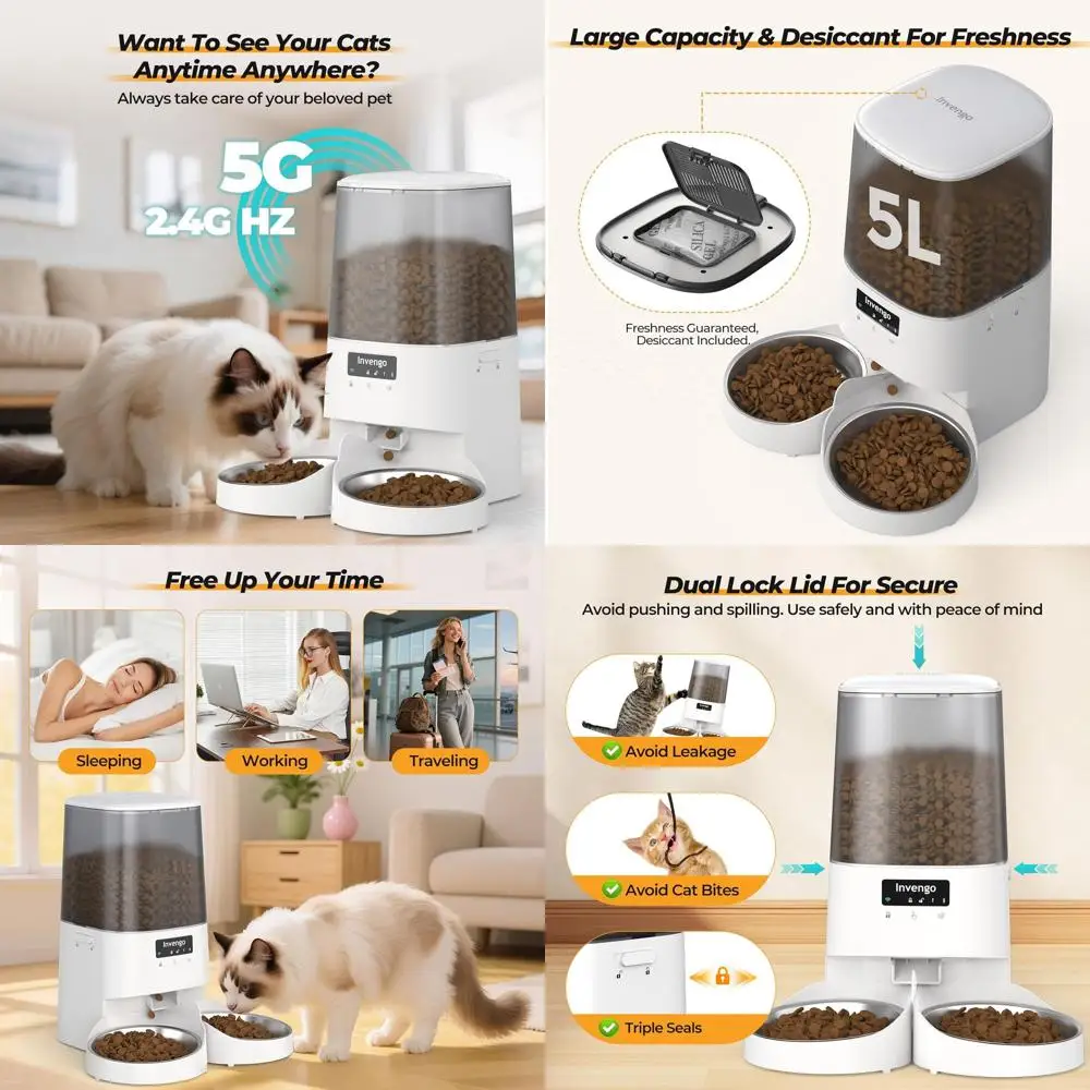 

Smart Cat Feeder with App, 5L Dispenser for Dual Cats, WiFi Enabled, Dual Power, Adjustable Meals, Anti-Jam, Fresh-Lock, Stainle