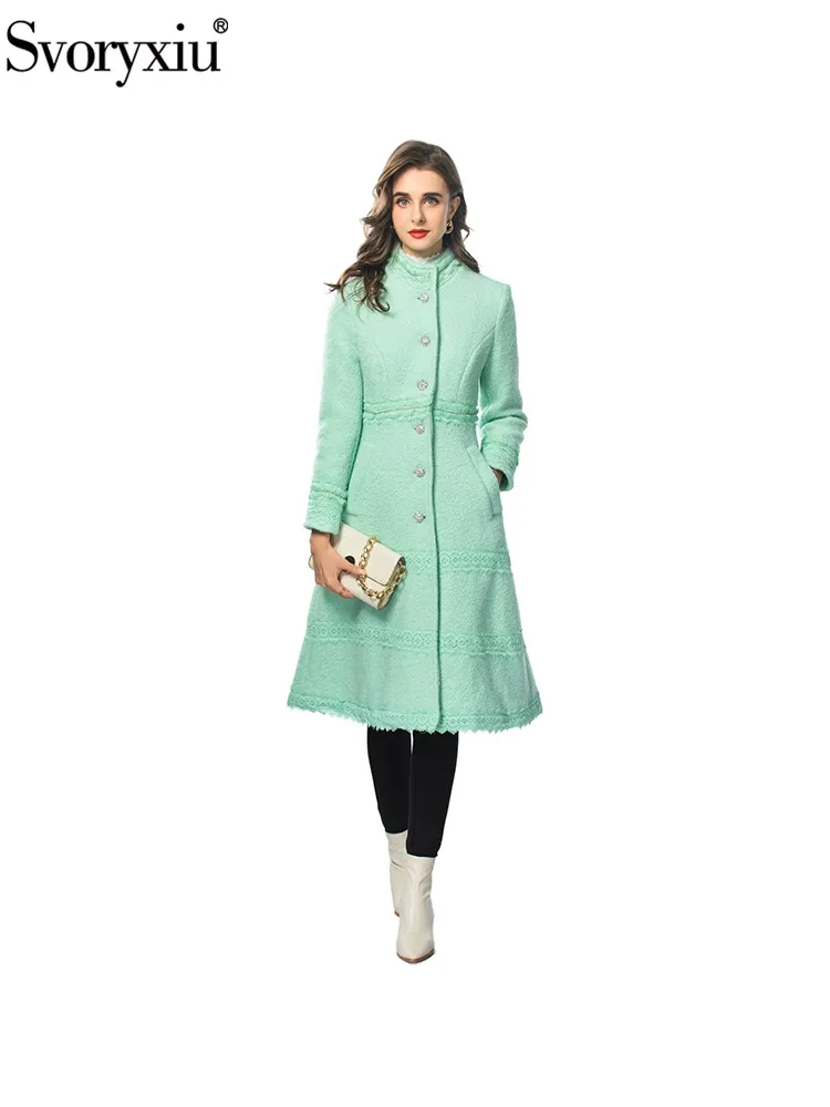 Svoryxiu Fashion Runway Winter Turquoise Knee-Length Outerwear Women's Stand Collar Lace Diamond Frill Long Sleeve A-Line Coat