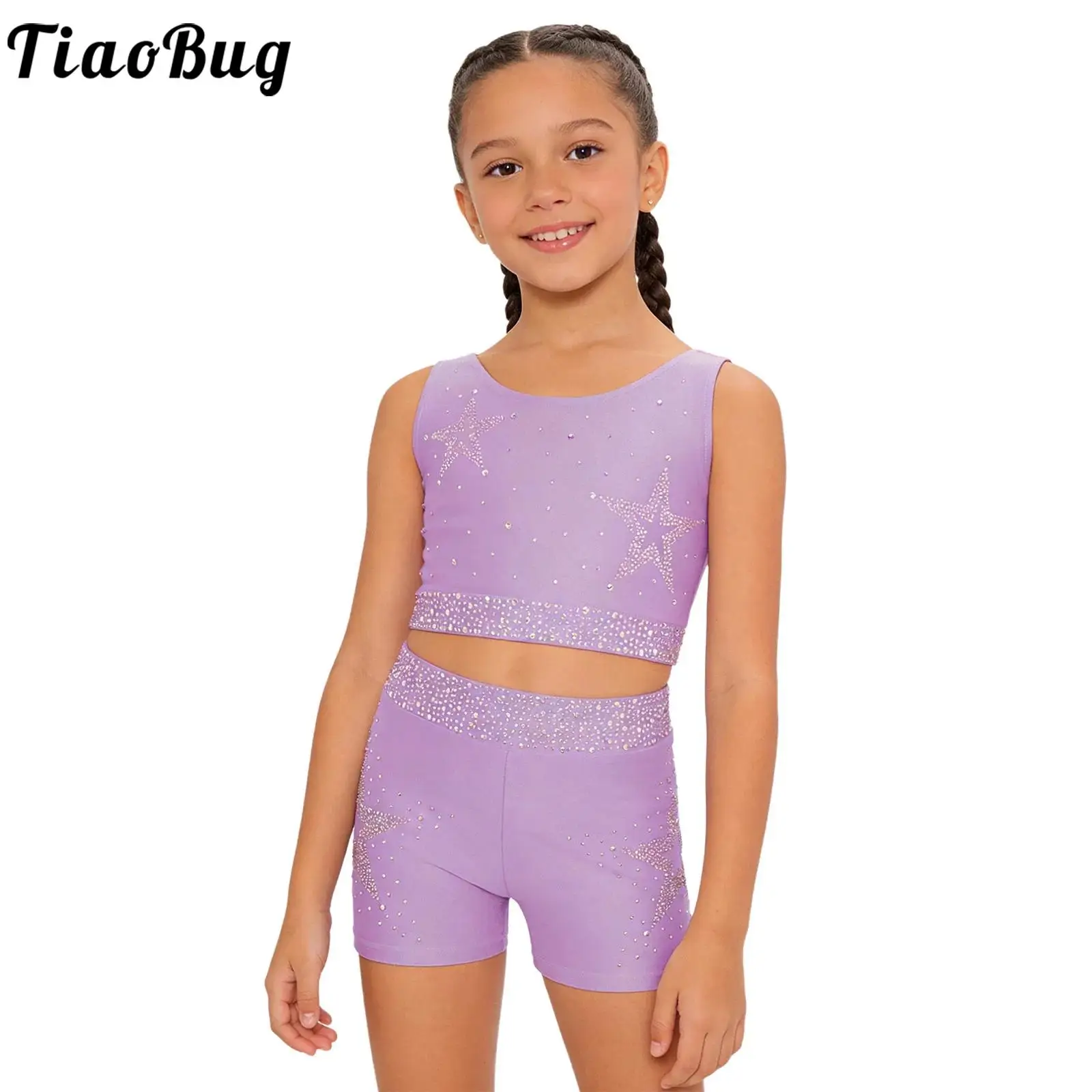 Teen Girls Shiny Rhinestones Ballet Dance Gymnastics Figure Skating Costume U Neck Crisscross Back Cropped Vest Top with Shorts