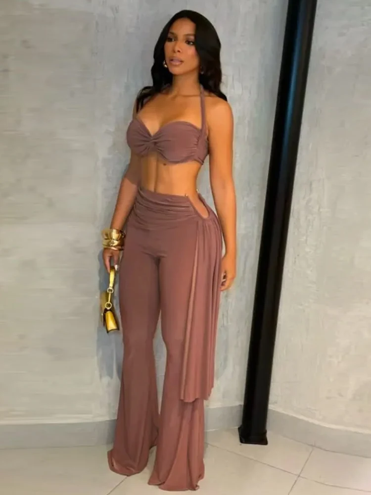 

Weird Puss Ruched комплект из 2 предметов, женский сексуальный бюстгальтер с лямкой на шее и открытой спиной + расклешенные брюки с металлической лентой, одинаковые эластичные наряды для вечеринок и клубов