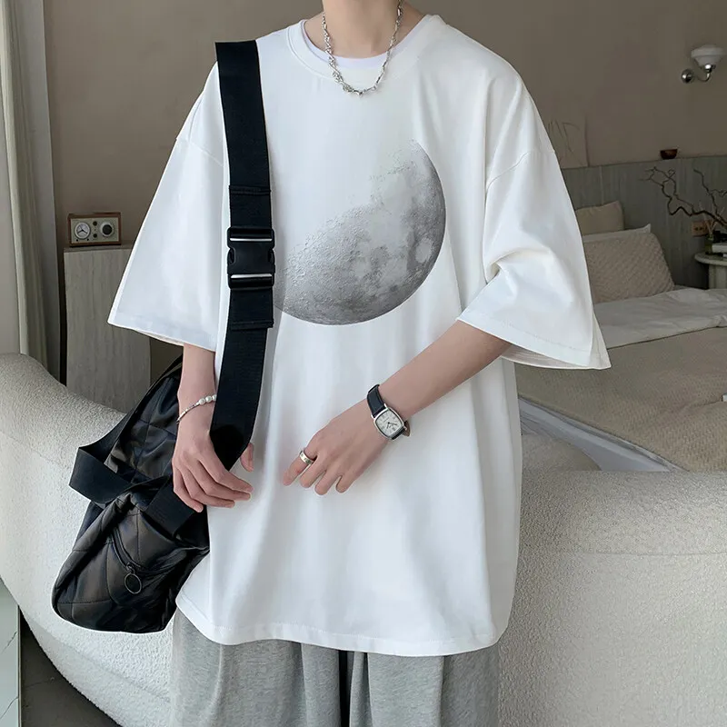 Men's Cotton T-shirts White Men Oversized T Shirt Moon Print Funny Summer Casual Wear 5XL Tee Shirts Big Size Male Clothes
