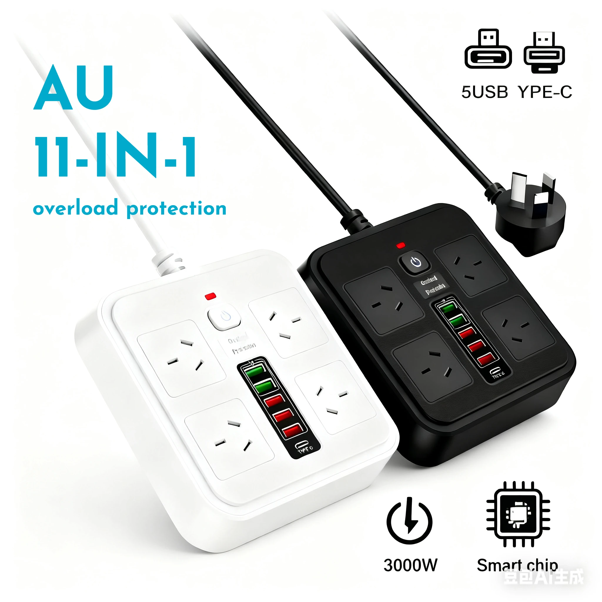 FUNAYA AU CN قطاع الطاقة المقبس تمديد كابل التوصيل مع USB TYPE-C شحن ميناء الزائد حماية المقبس الكهربائي 13A #1