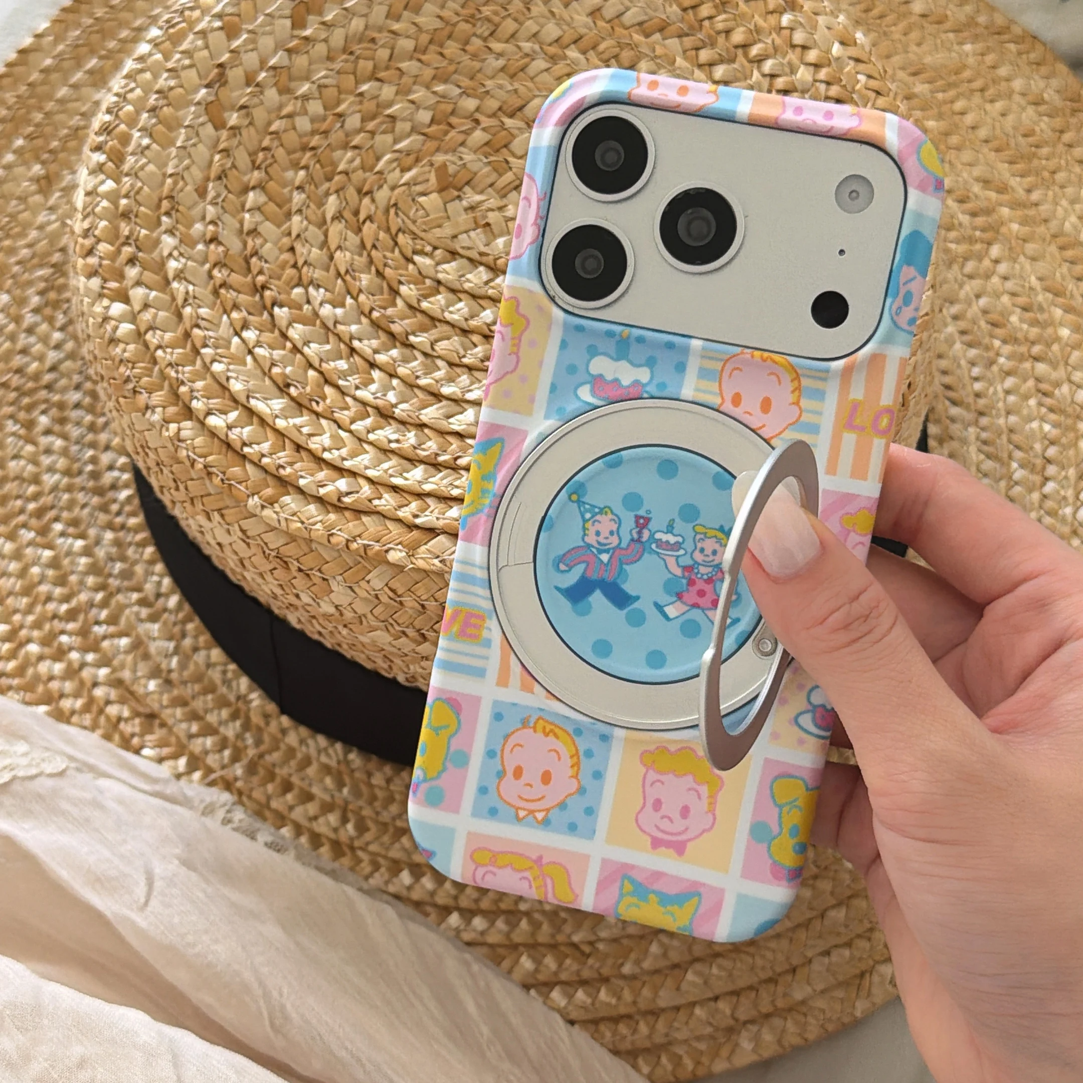 Fashion Cartoon Boy Girl Phone Case For iPhone 17 Pro 16 15 Pro Max Cover with Rotation Stand Hard Protective Cases
