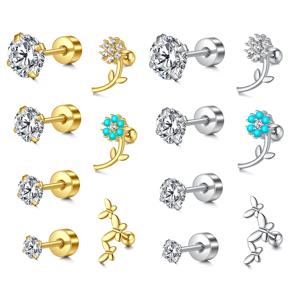 7Pcs/Set 16G Stainless Steel Monroe Piercing Ear Stud Crystal Helix Tragus Conch Cartilage Earrings Butterfly Studs CZ 3/4/5/6mm