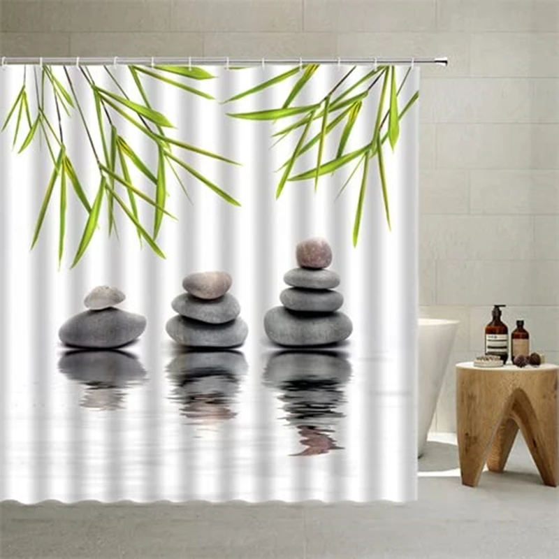 Stacking Zen Stones Shower Curtains Oriental Rocks on Peaceful Water Zen Bathroom Curtains Sets Waterproof Curtain with Hooks