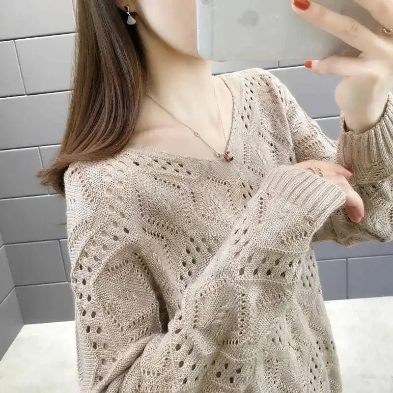 Sweaters Women Casual V-neck Solid Jumpers Pullovers Spring Summer Womens Sweater Hollow Out Knitwear Bottoming Shirt