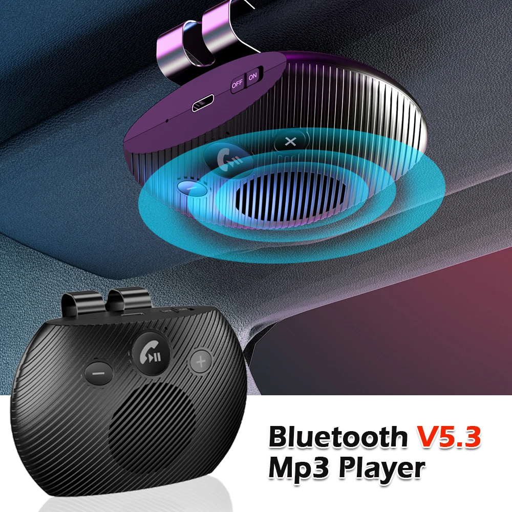 

V5.3 Bluetooth Speaker Handsfree Car Kit Sun Visor Clip Wireless Audio Receiver Speakerphone Loud Music Player With Microphone