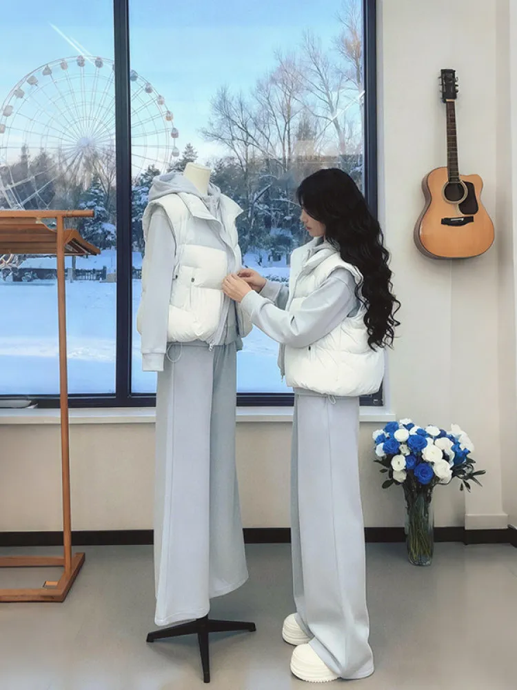 

Fashionable Thickened Winter Set Women's Long Sleeve Hoodie Pants Three-Piece Suit Casual Comfortable Warm Cotton Vest