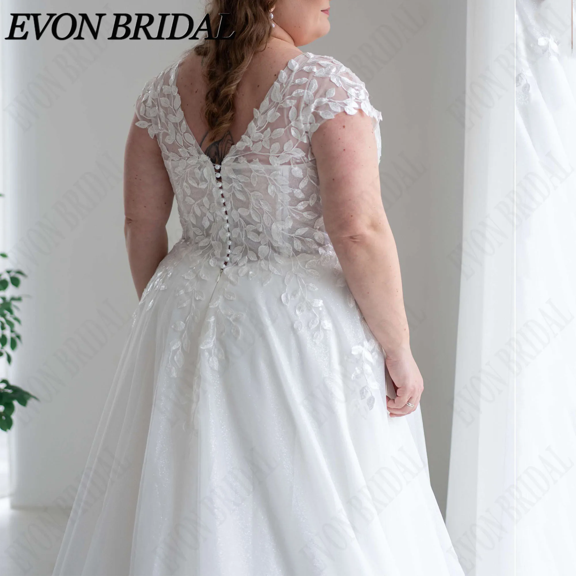 EVON BRIDAL Cap Sleeve V-Neck Wedding Dresses A-LINE Sweep Train Bride Gown Sequins Tulle Bride Dress Custom Made Plus Size