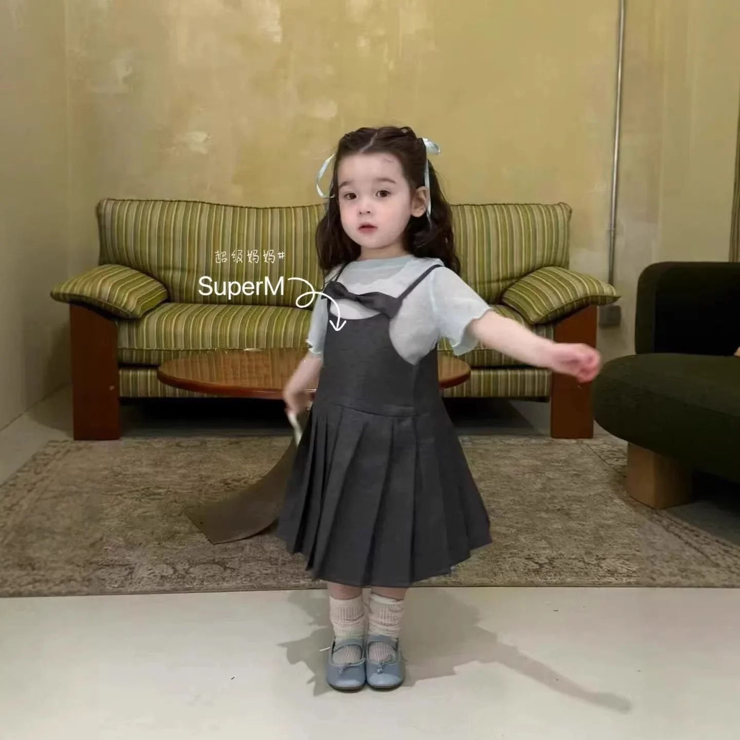 Girls Set 2026 Spring and Summer New Childrens Wear Korean Girl Baby Sweet Short-sleeved T-shirt Polka Dot Bow Sundress Two Sets