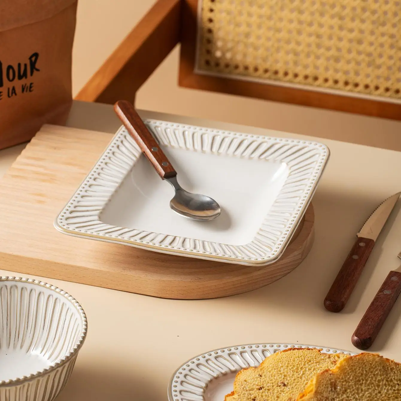 DSA white striped simple and elegant kiln-changed ceramic dinner plate, modern square ceramic beef steak soup plate