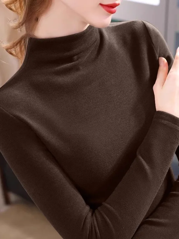 

Женская теплая базовая футболка с длинным рукавом и воротником-стойкой из двустороннего бархата Slim Fit для осени и зимы