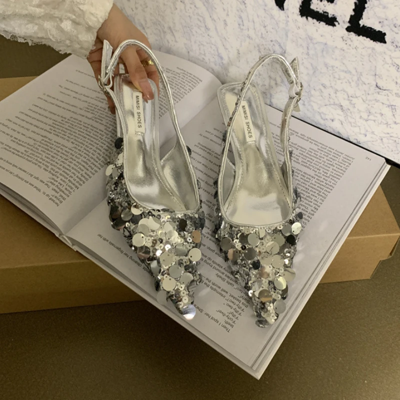 2024 New Pointed Sequin High Heels French Niche Single Shoes with A Toe Wrap Fairy Sandals for External Wear Sandalias De Tacón