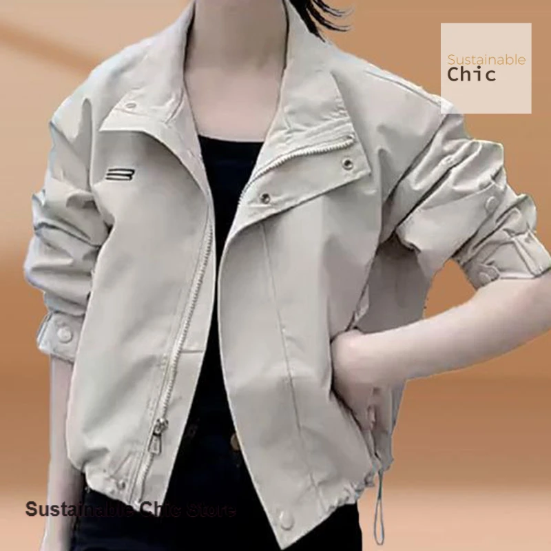 سترة نسائية ذات ياقة واقفة على الطراز الكوري للربيع والخريف قصيرة موضة جديدة غير رسمية سترة جوكر غربية صغيرة بسحاب علوي. #4