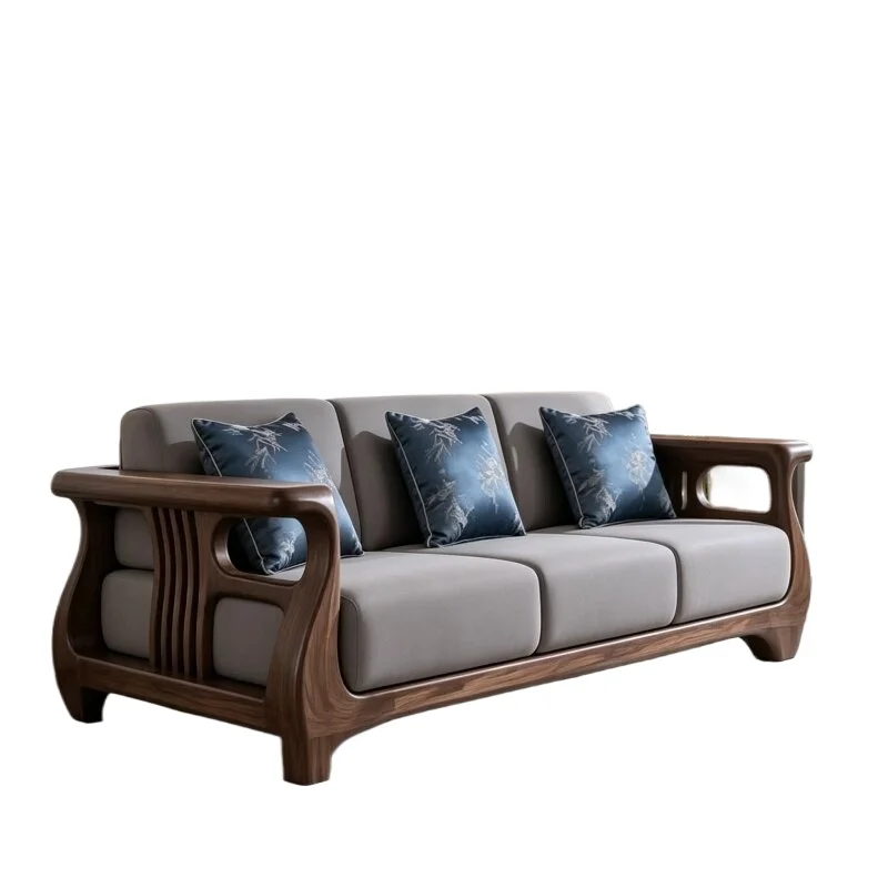 New Chinese straight sofa black walnut solid wood frame breathable fabric large apartment living room