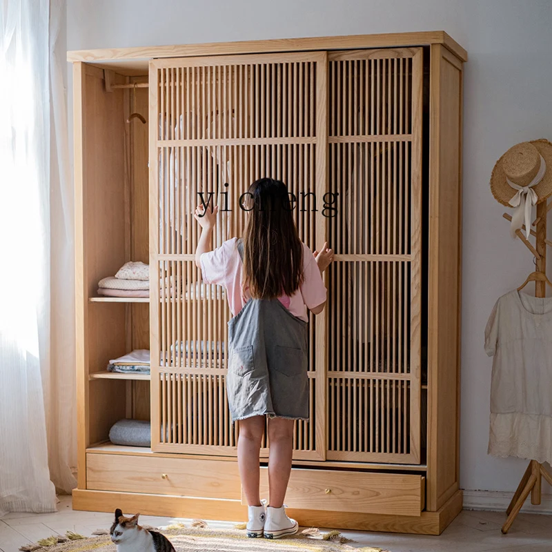 

ZC ash wood wardrobe solid wood sliding door household bedroom clothing storage cabinet wardrobe furniture Nordic