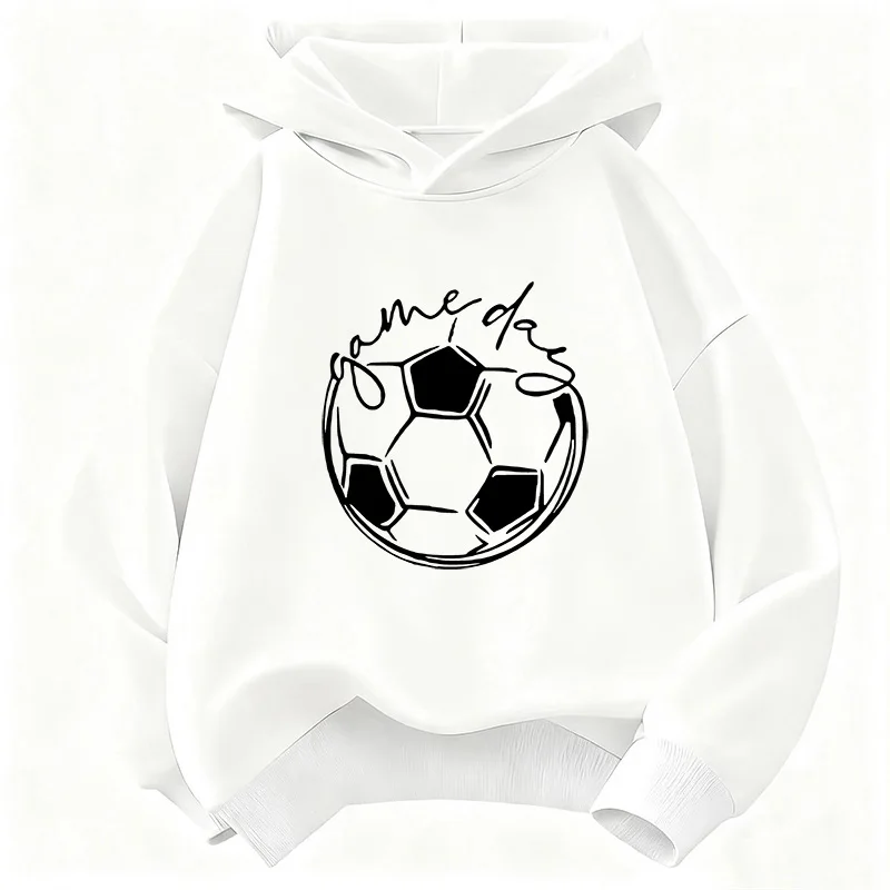 Game Day Hand Drawn Soccer Print Kids Hooded Sweatshirt Boys Girls Sporty Casual Long Sleeve Pullover Tops