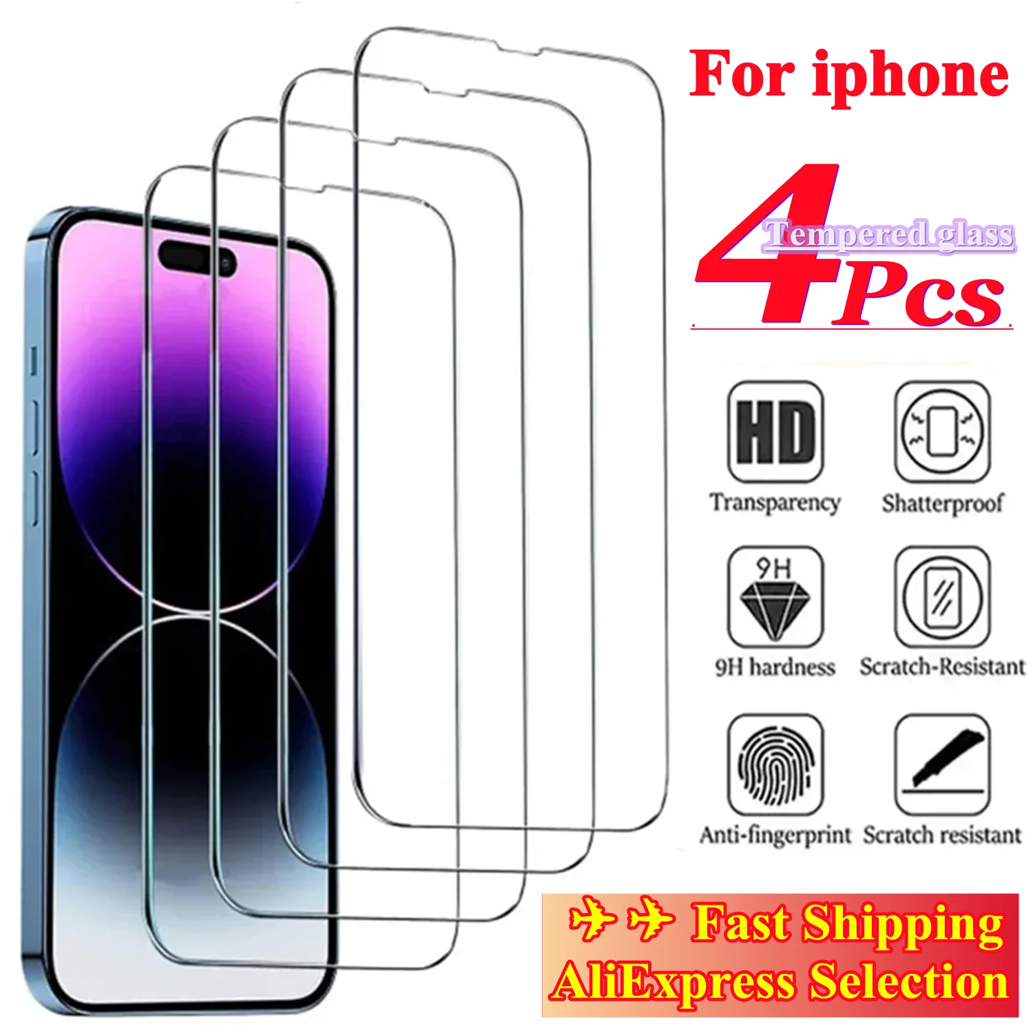 For iphone 15 13 11 12 14 Pro Max 13 12 Mini Screen Protector For iphone X Xr Xs Max SE 14 6 7 8 15 Plus Tempered Glass 1/4Pcs