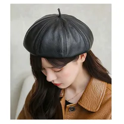 Spring/Winter 100% Real Leather Beret Hat Women Fashion European Pumpkin Painter Caps Female  Black/Coffee Thin Boina