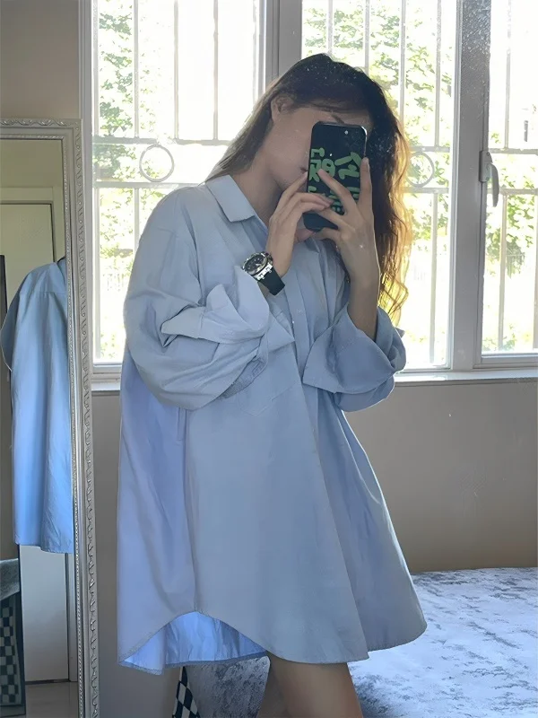 Niebieska Luźna Damska Koszula irt 2025 Nowa Modna Bluzka Chroniąca Przed Słońcem na Jesień, Codzienna, Długi Rękaw, Klasyczny Krój