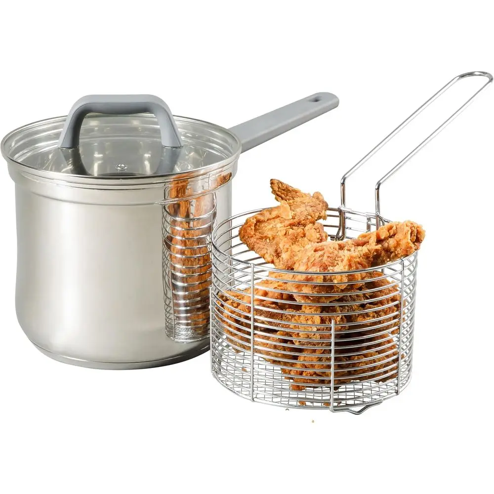 

3.65-Quart Stainless Steel Deep Fryer Pot with Basket & Glass Lid – Induction, Oven & Dishwasher Safe, 5-Ply Insulated Base, Sof