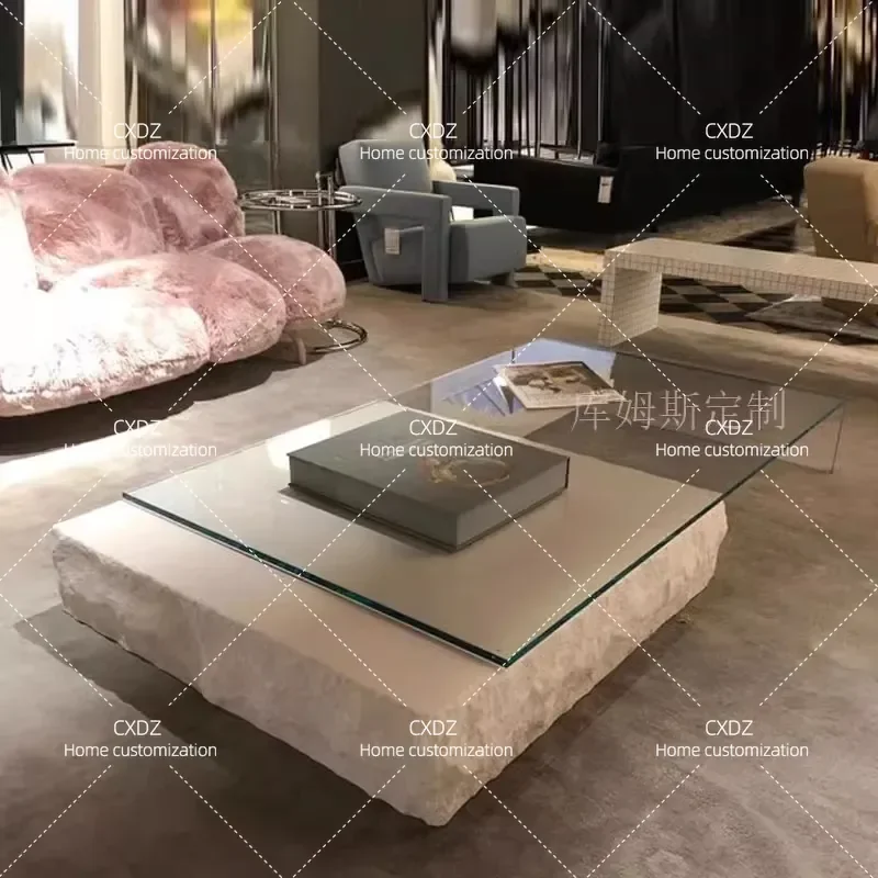 Travertine Coffee Table Display Stand for Clothing Store Jewelry Placement Long Retro Style with Broken Edge Design
