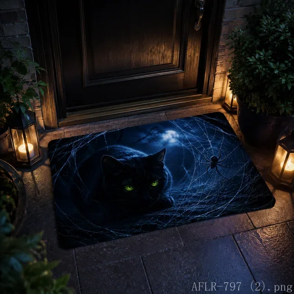 VIKAMA Magic Black Cat Halloween Doormat Non Slip Indoor Outdoor Rug Witch Gothic Spooky Front Entrance Door Mat Welcome Rug