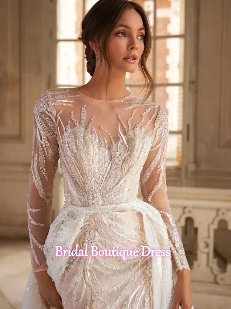 Angepasst Eleganz Langarm Brautkleid Sparkly Pailletten Perlen Brautkleid Abnehmbare Zug Braut Robe Vestido De Novia