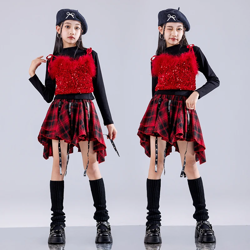 

Girls K-pop Outfits Sequined Crop Tops Plaid Skirts Kids Hip Hop Streetwear Clothes Set Child Jazz Girl Group Stage Costumes